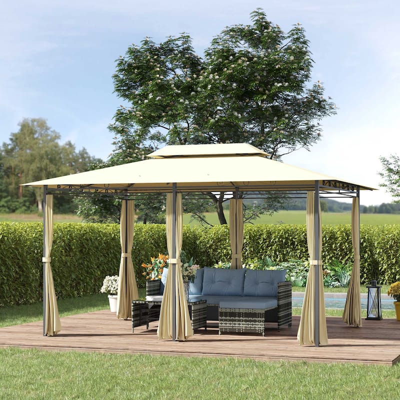 10' x 13' Outdoor Gazebo Canopy Shelter with Curtains and Vented Roof - Beige