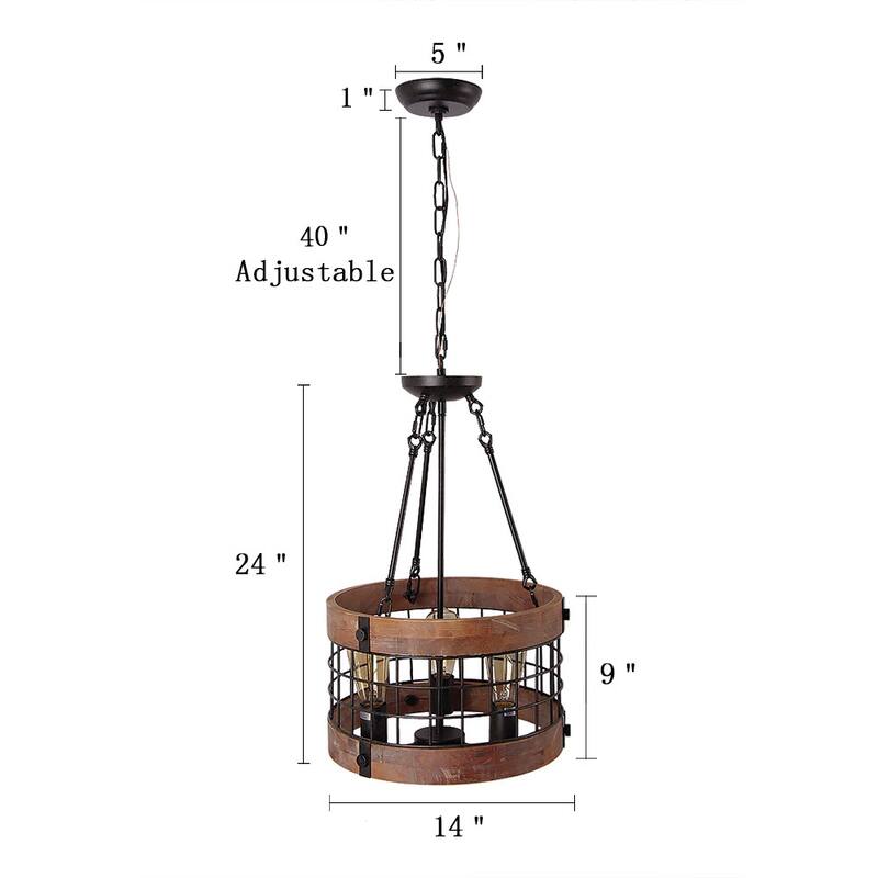 Anmytek Modern Farmhouse 3-Light Wood Drum Chandelier Round Metal Pendant Lights for Dining Room - 14" D x 24" H