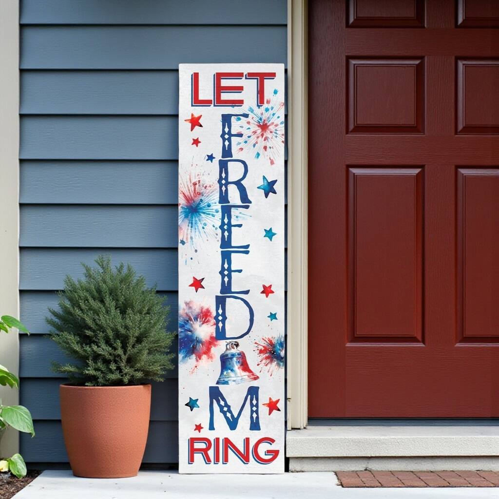 HomeRoots 36" Red White And Blue Solid Wood Let Freedom Ring Porch Sign