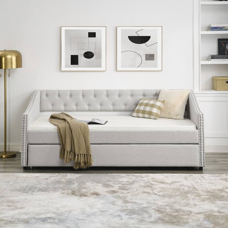 Upholstered Twin Daybed with Trundle,Polyester Fabric Sofa Bed with Button Tufted for Living Room,Bedroom