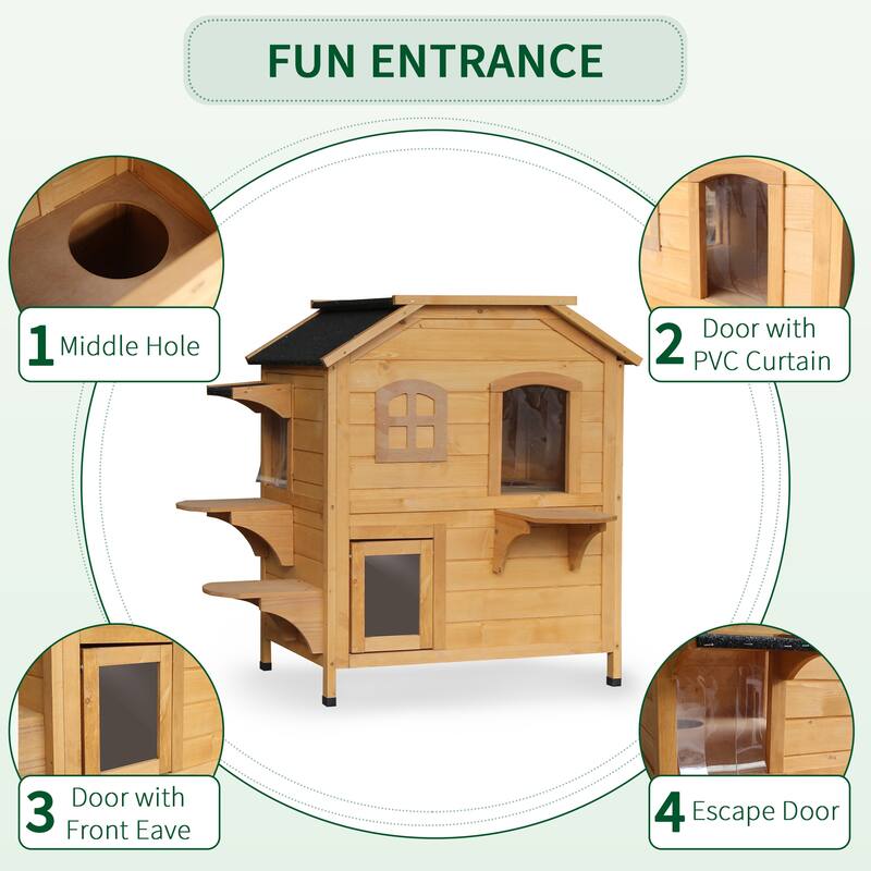2-Story Outdoor Cat House with Weatherproof Slanted Roof and Escape Door