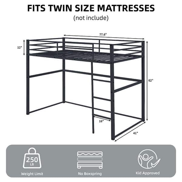 dimension image slide 2 of 3, Metal Loft Bed Twin, Loft Bed Frame with Guard Rails and Flat Ladder