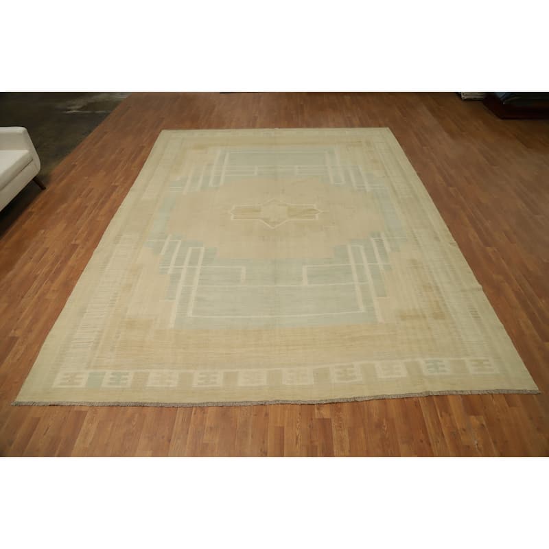 Hand Woven Oriental 100% Wool Carpet Southwestern Tribal Green Kilim Area Rug - 12' 9'' X 9' 10''