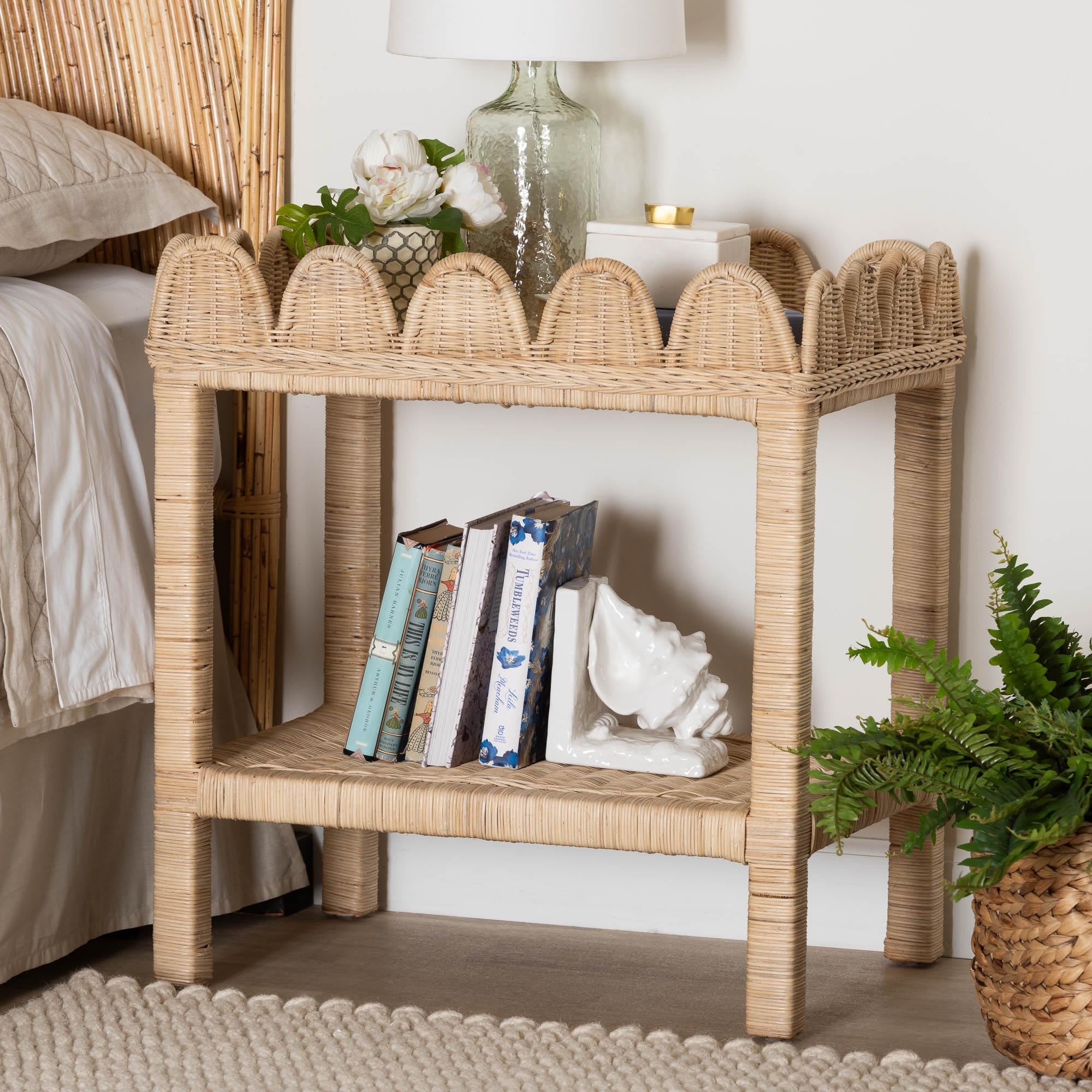 Sumana Natural Rattan Side Table - Handwoven Wicker 2-Tier Accent End Table with Scalloped Tray Top for Living Room, White