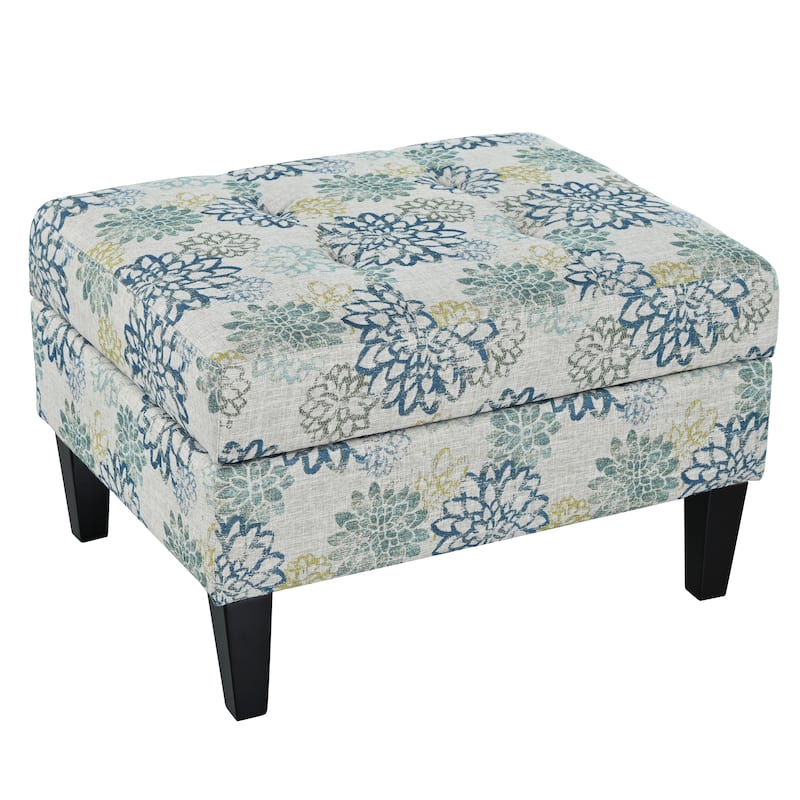 Roomfitters Tufted Storage Ottoman Bench with Hidden Compartment, Tropical Print Upholstered Accent Footrest, Multicolor