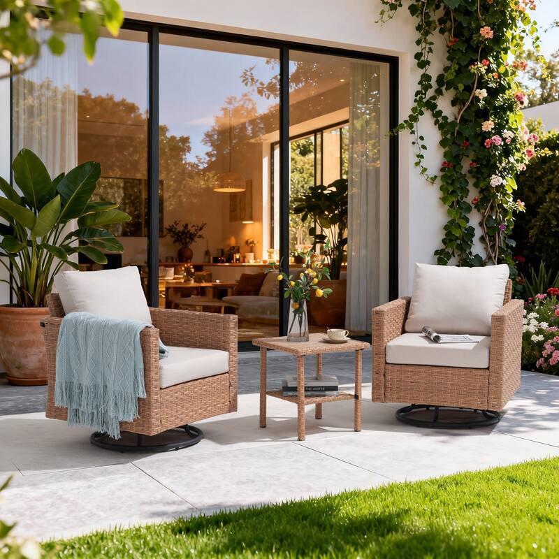 3-piece Cushioned Outdoor Wicker Swivel Chairs Set with Side Table Patio Armchair Sofa Set