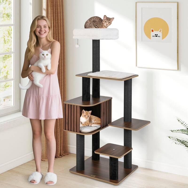 Gymax 59.5'' Tall Cat Tower w/Cushion Top Perch Detachable Mats