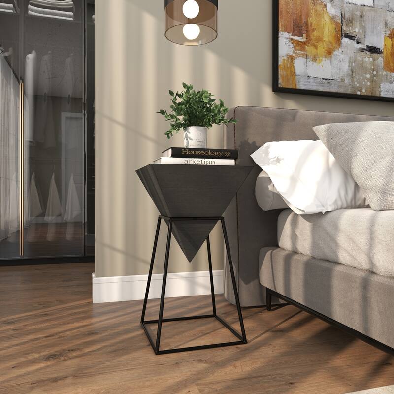 Minimalist Wood Inverted Pyramid Geometric Accent Table with Metal Stand - White or Black