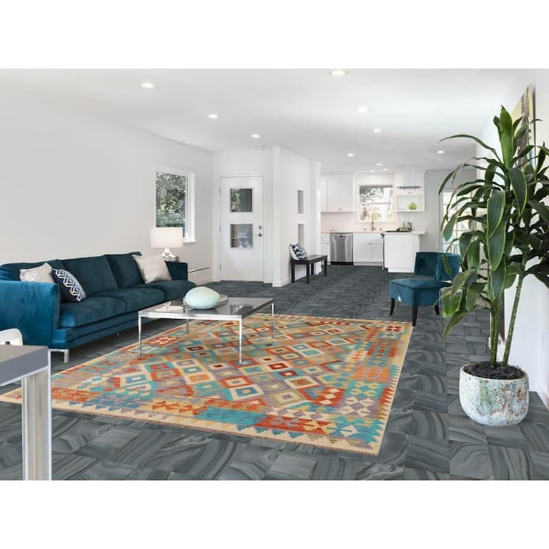 Hand Woven Oriental 100% Wool Carpet Southwestern Geometric Multi-Colored Kilim Area Rug - 9' 6'' X 6' 9''