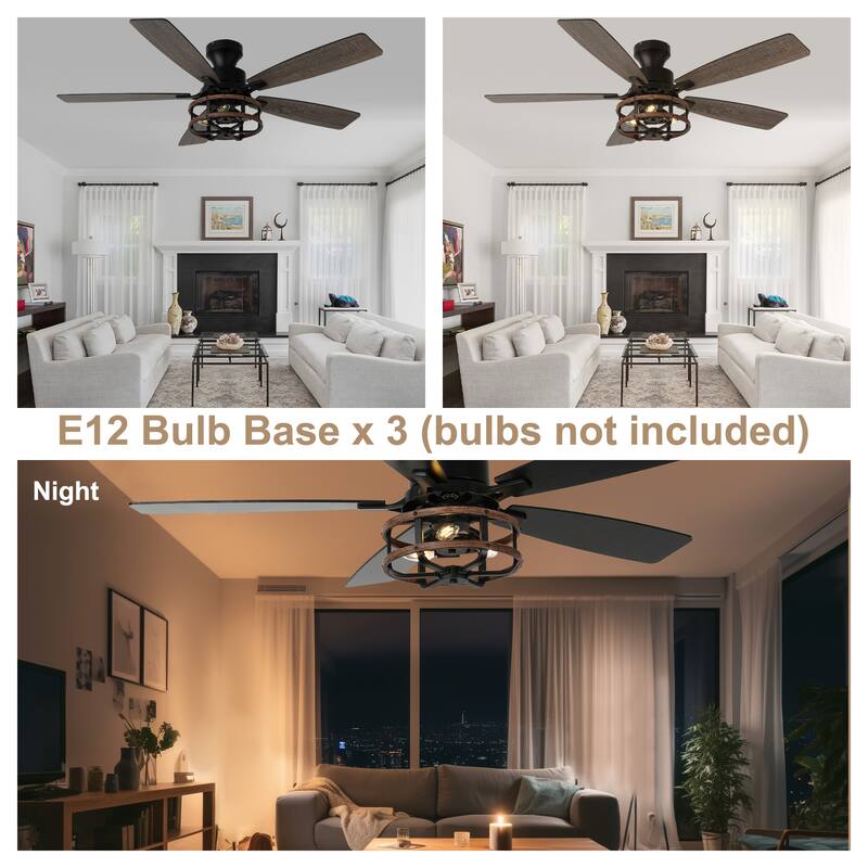 Bella Depot 52" Black Industrial Flush Mount Ceiling Fan with Light and Remote 6-speed Reversible DC Motor Low Profile Fan