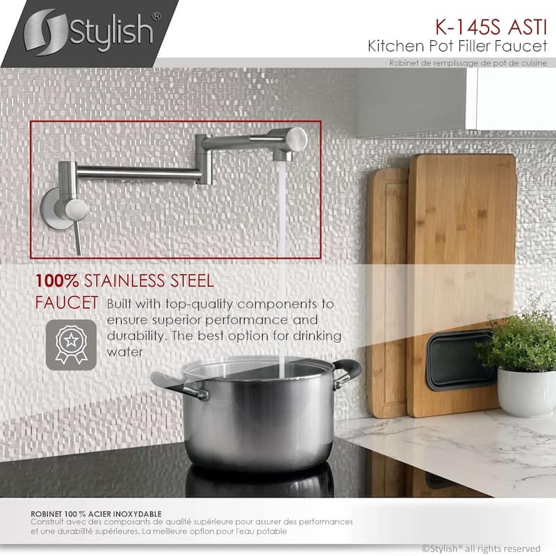STYLISH Stainless Steel Wall Mount Pot Filler Folding Stretchable with Single Hole Two Handles