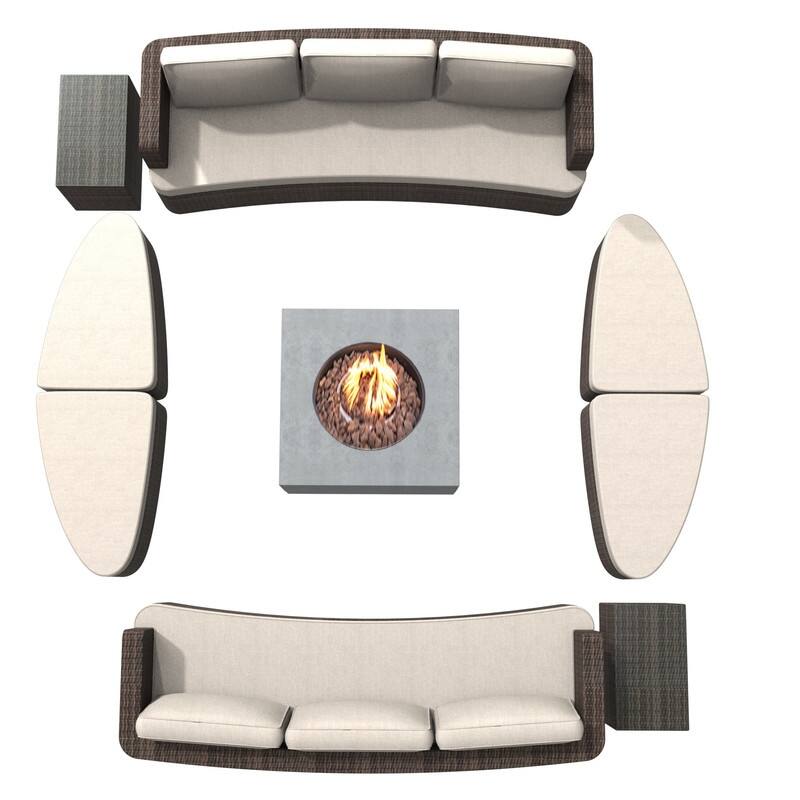 9-piece Patio Wicker Daybed Set with Concrete Fire Pit Table