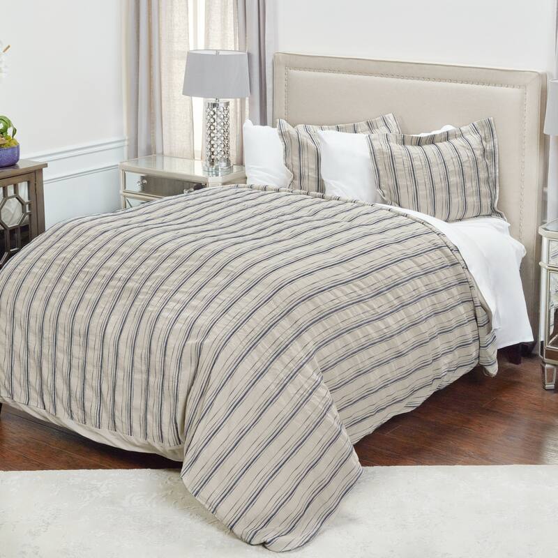 Vincent III Woven Stripe Linen Duvet in Natural/Navy