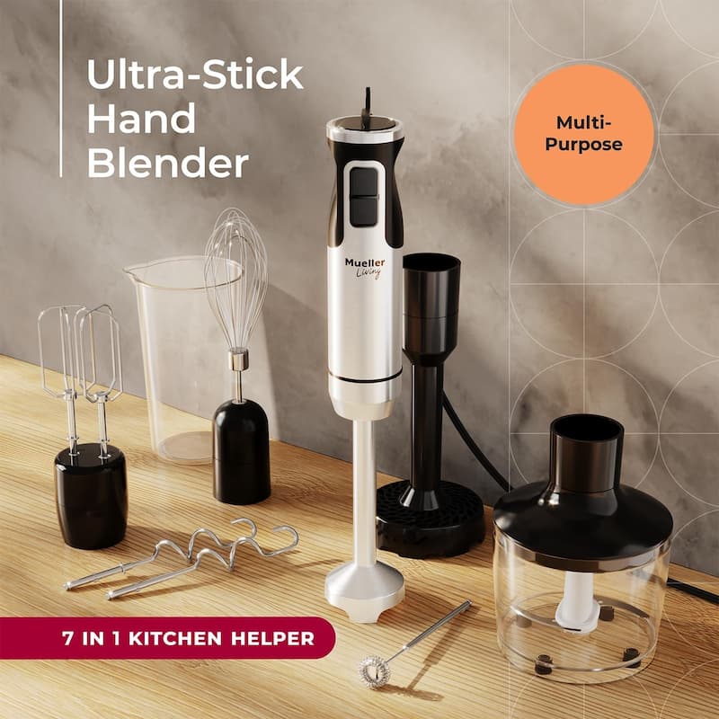 MuellerLiving Immersion Hand Blender Full Set - 8 Speed, with 7 Attachments: Blade, Whisk, Frother, Beater, Hooks, Masher, Bowl