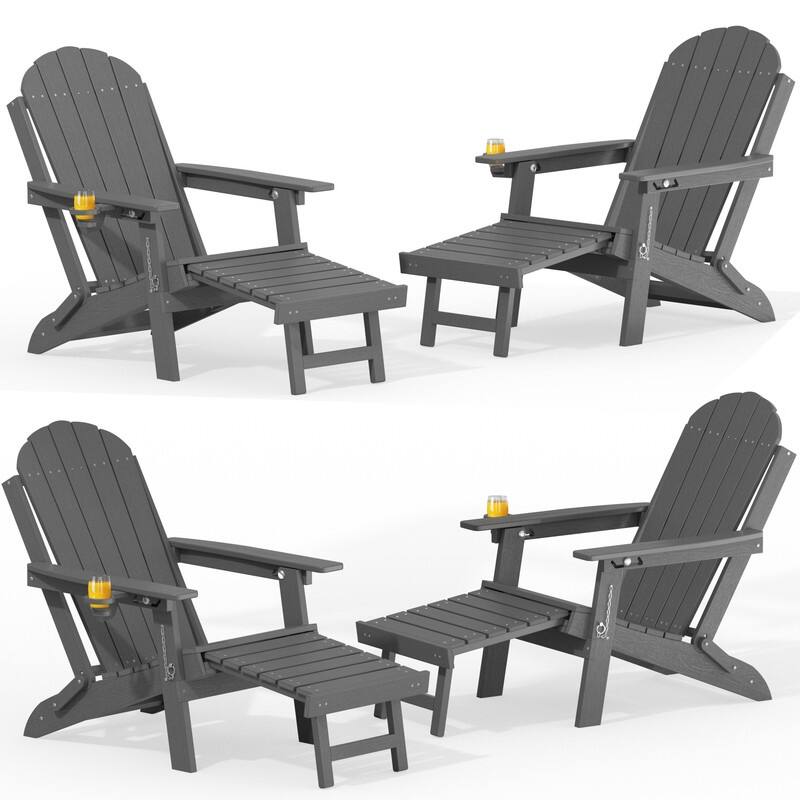WINSOON Outdoor All-Weather HDPE Folding Adirondack Chair with Ottoman, Cup Holder & Adjustable Back Set of 4 - Grey