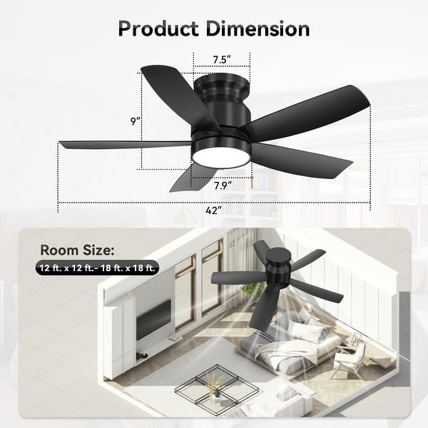 dimension image slide 6 of 8, Sofucor 42/52 Inch Low Profile Flush Mount Ceiling Fan with Light,Remote Control,Solid wood/ABS Blades,Reversible Quiet DC Motor