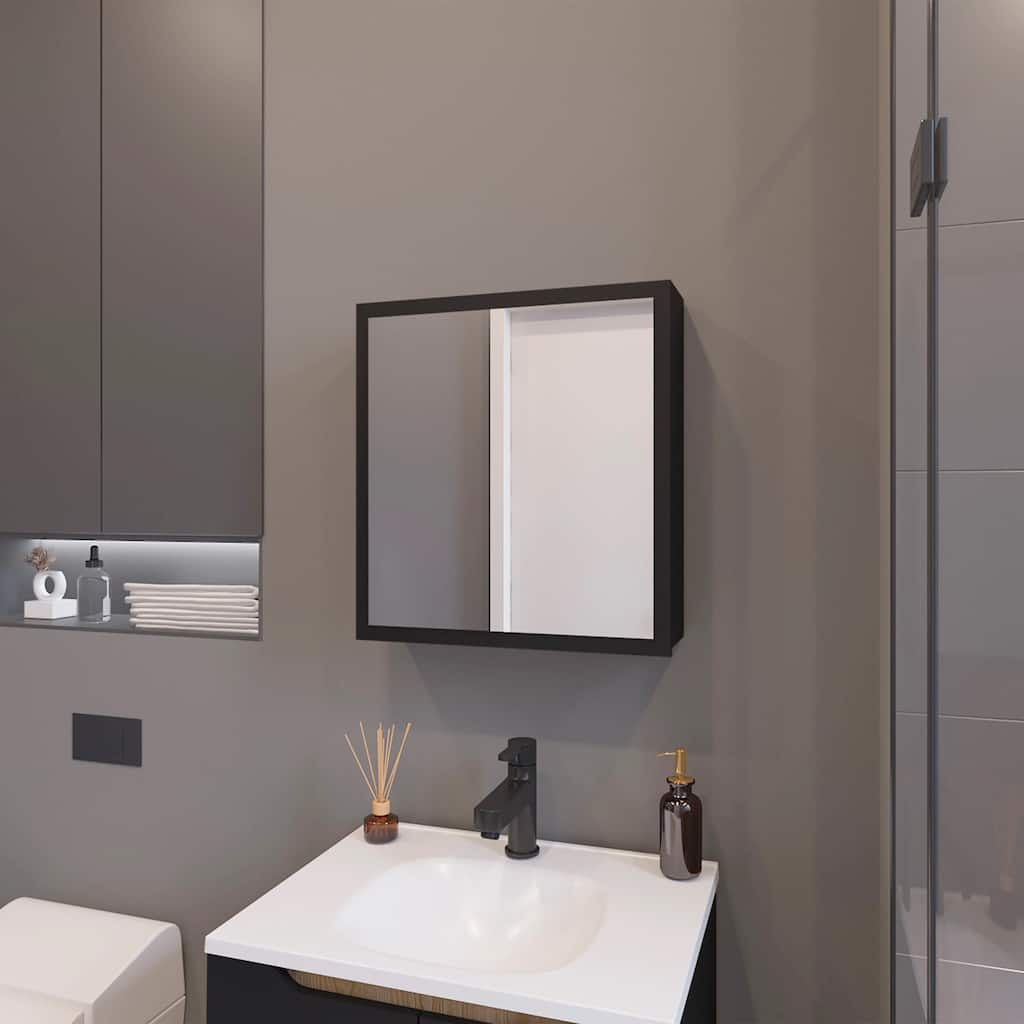 Wall-Mounted Medicine Cabinet with Mirror, Three Internal Shelves, and Black Finish for Bathroom or Bedroom