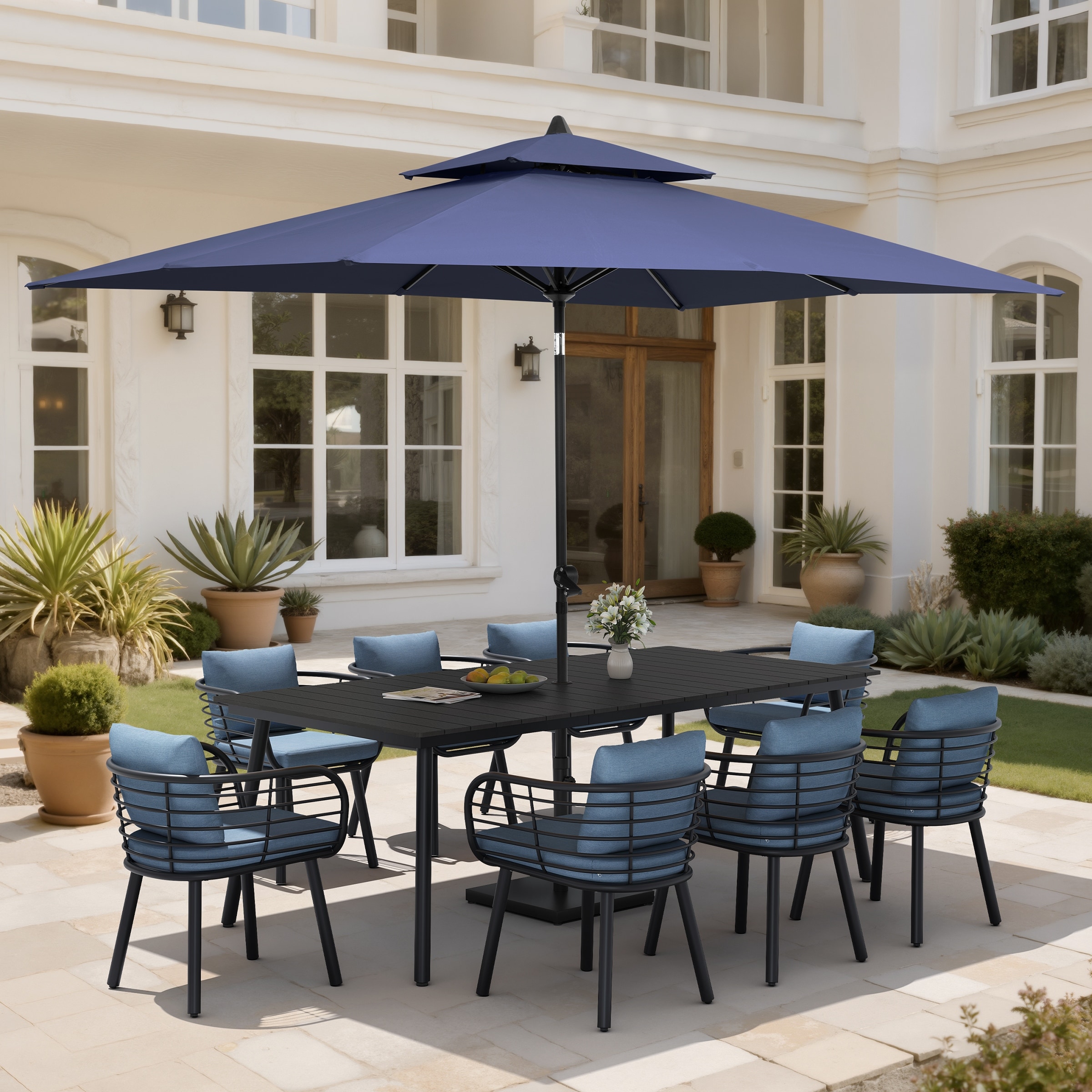 11PC Outdoor Patio Dining Set Aluminum Table with Sunbrella Cushion Chairs w/ Market Umbrella Sets