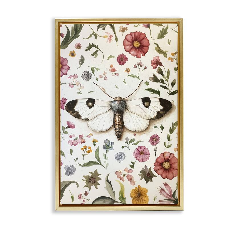 Stupell White Moth & Botanicals Framed Floater Canvas Wall Art Design By The Dutch Lady - 21 x 31 - Gold