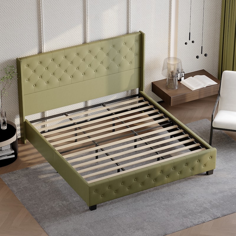 King Size Olive Green Leather Upholstered Platform Bed with Extra Tall 52.8" Tufted Wingback Headboard Bed Frame