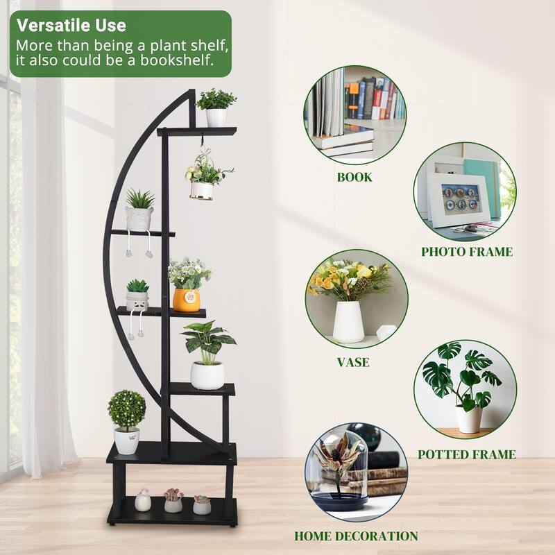 2pcs Half Moon Floor Plant Stand,Ironwood 6-layer Flower Stand Black