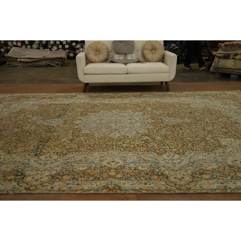 Hand Knotted Oriental 100% Wool Carpet Traditional Floral Brown Kerman Area Rug - 13' 4'' X 9' 6''