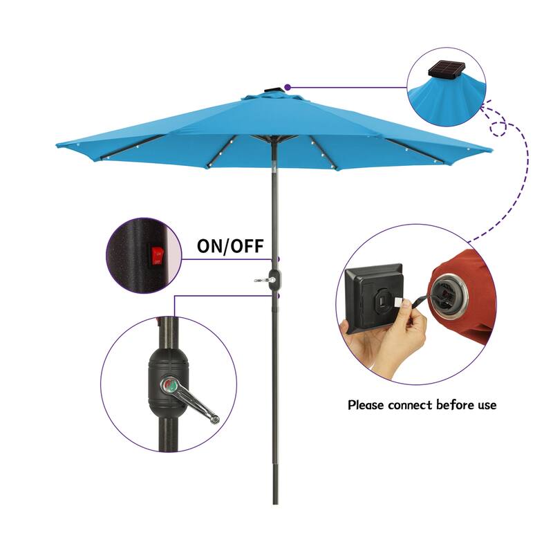 9Ft Patio Market Umbrella with 32 LED Round Solar