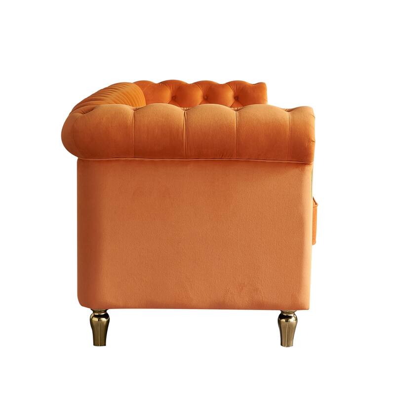 Velvet Chesterfield Sofa, 3-Seater with Rolled Arms, Tufted Back, Metal Legs for Living Room