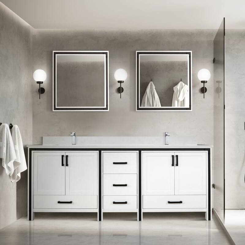 Ziva 84 in W x 22 in D White Double Bath Vanity, White Quartz Top, Faucet Set and 34 in Mirrors