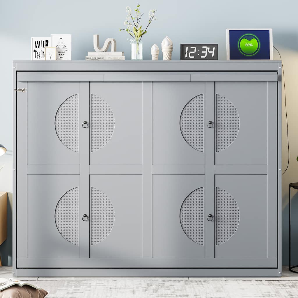 Queen Size Foldable Wall Bed with Space-Saving Cabinet, Gray