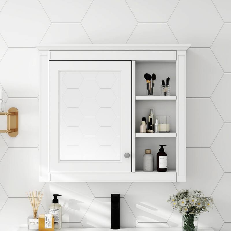 Anmytek White Wall Mounted Mirror Cabinet with Storage Bathroom Vanity Organizer - White