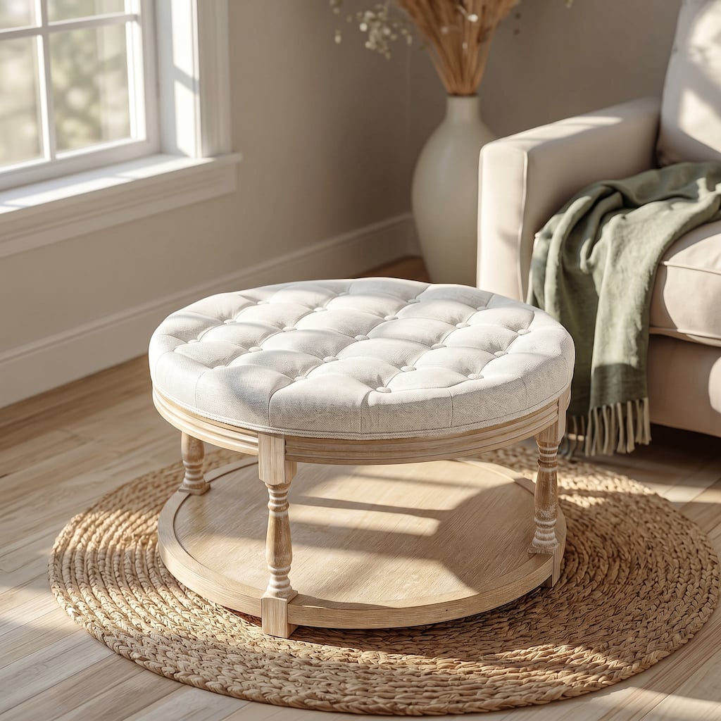 32" Round Tufted Ottoman Coffee Table with Storage Shelf, French Country Fabric Upholstered Cocktail Table Bench for Living Room