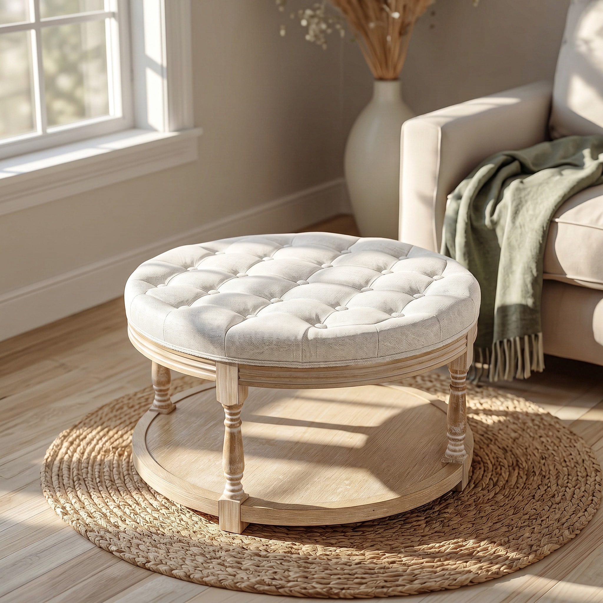 32" Round Tufted Ottoman Coffee Table with Storage Shelf, French Country Fabric Upholstered Cocktail Table Bench for Living Room