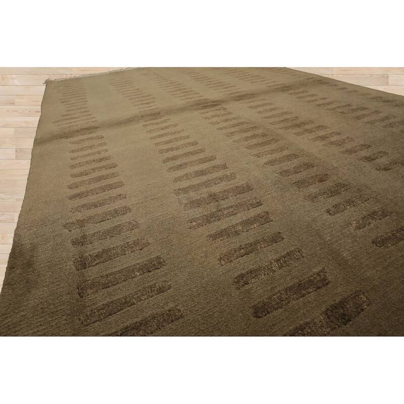 Hand Knotted Tibetan Olive Green Wool Modern Oriental Area Rug - 4' x 5' 11''