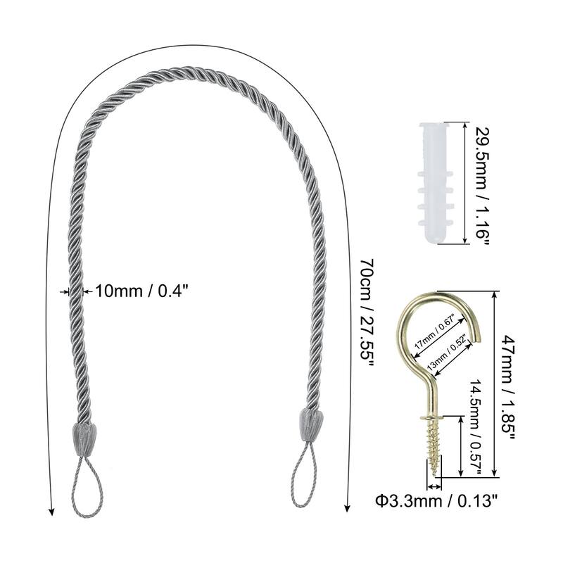 4pcs Curtain Tiebacks Ropes, Decorative Tie Backs with Hooks & Bolts - Silver Gray