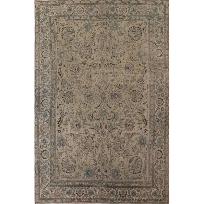 Distressed Tabriz Persian Vintage Area Rug Handmade Pink Wool Carpet - 9'7" x 12'10"
