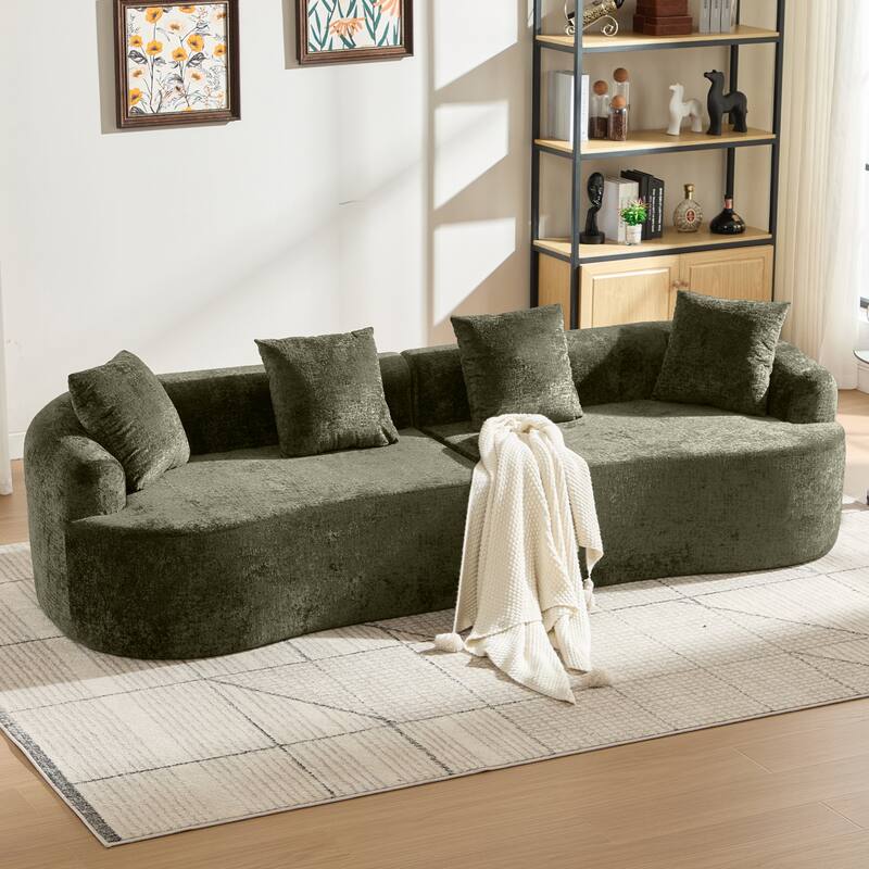 Curved Loveseat Sofa, 110'' Chenille 2-Seater Couch Deep Seat Sectional Couch with 3 Plush Pillows