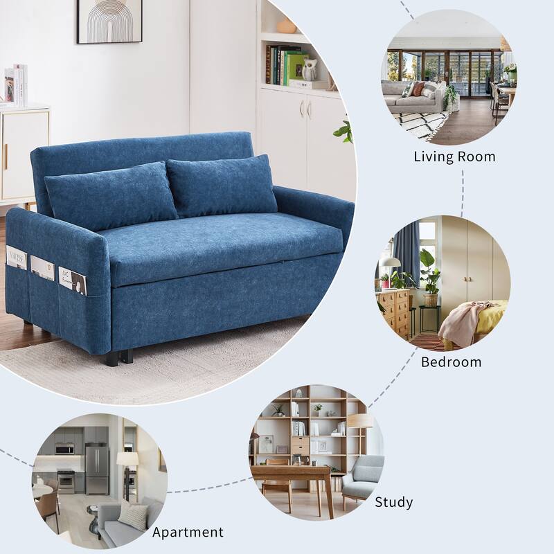 3-in-1 Pull Out Sofa Bed, Couch Bed with Adjsutable Back and Storage Pockets, 2 Seater Sofa with 2 Soft Pillows and USB Ports