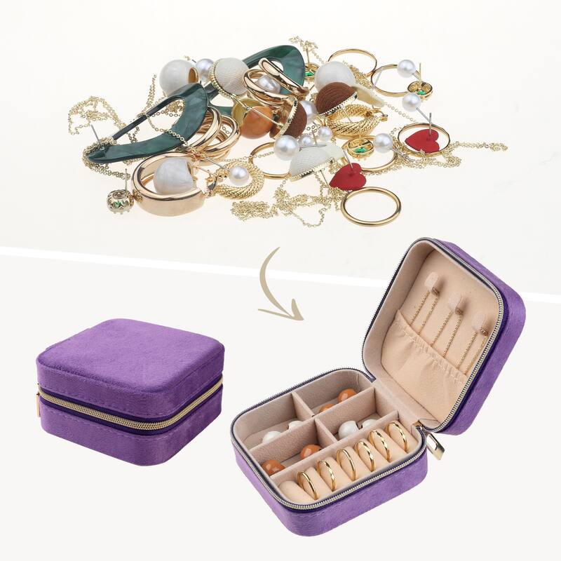 Travel Jewelry Box for Women Girls Gifts, Small Portable Plush Velvet Jewelry Organizer Case Storage Display Holder - 10x10x5cm - Purple