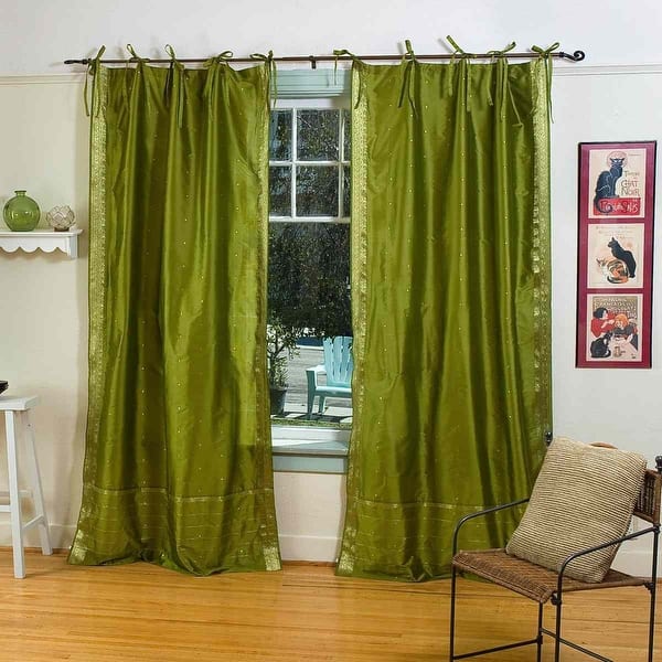 slide 1 of 3, Olive Green Tie Top Sheer Sari Curtain / Drape / Panel - Piece Matching Lining 43 X 108 Inches (109 X 274 Cms)