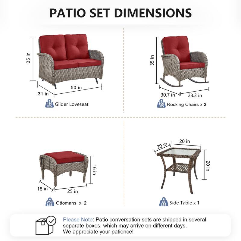 Pocassy 6 Pieces Glider Sofa with Rocker Chairs Ottomans Table