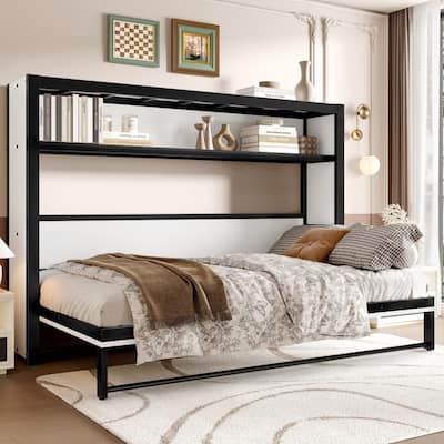Metal Twin Size Murphy Bed with Shelves,Foldable and Space-saving Design
