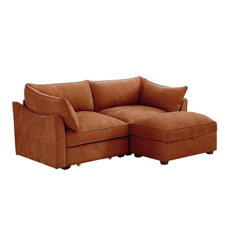 2-Seater Loveseat with 1 Movable Ottoman & Pull out Storage Drawer Under Seat