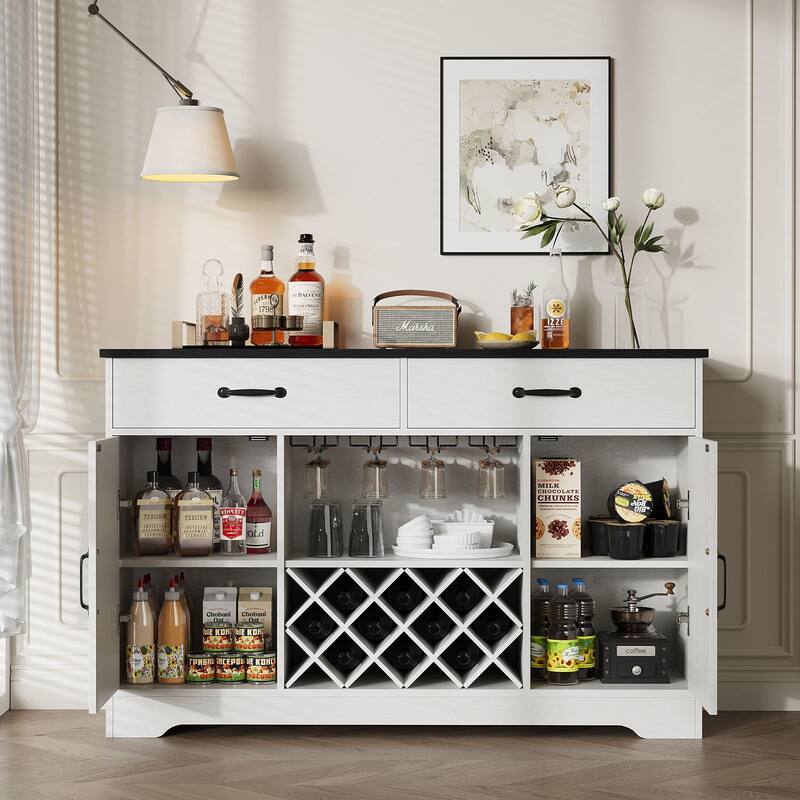 Gymojoy 55" Farmhouse Bar Cabinet with Wine Rack & Coffee Station, Rustic Storage for Dining Room, Kitchen, Living Room