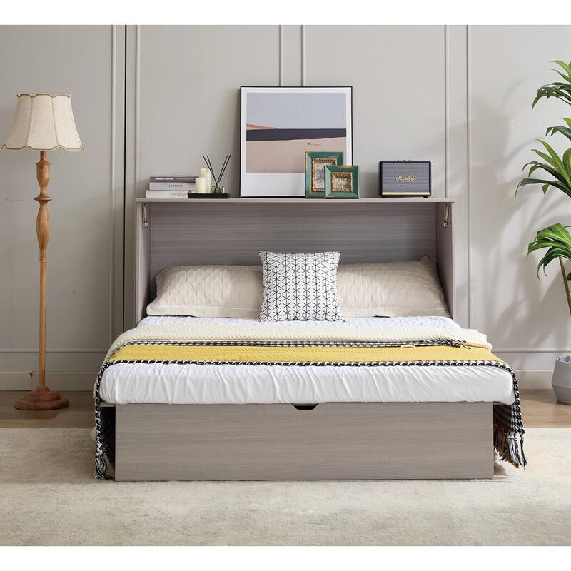 Queen Cabinet Bed with Storage, Folding Mattress, USB Ports, Space-Saving Design, Gray