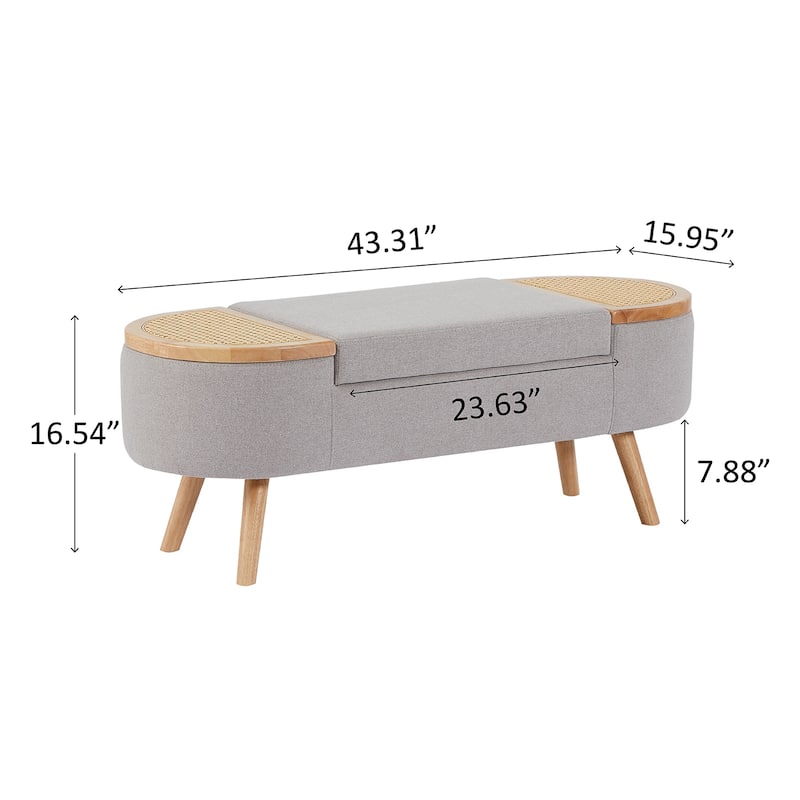 Ottoman Storage Bench with Rattan,Linen Seat