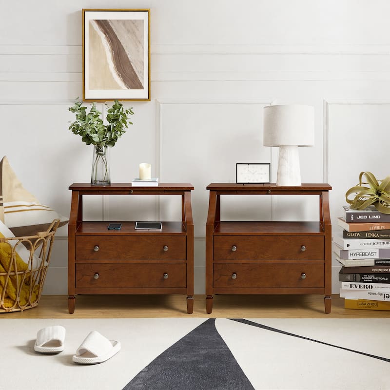 Jennifer 2 - Drawer Nightstand with Built-In Outlets and Pull-out Tray Set of 2 by HULALA HOME - Walnut