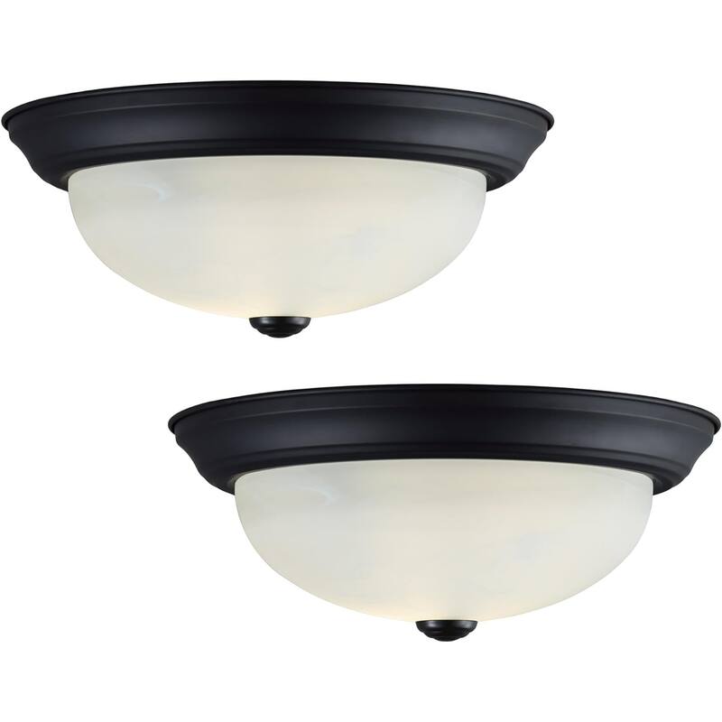 Aspen Creative 2-Light Flush Mount Ceiling Light Fixture,Matt Black Finish,White Alabaster Glass Diffuser,11-1/4"Diameter,2PK