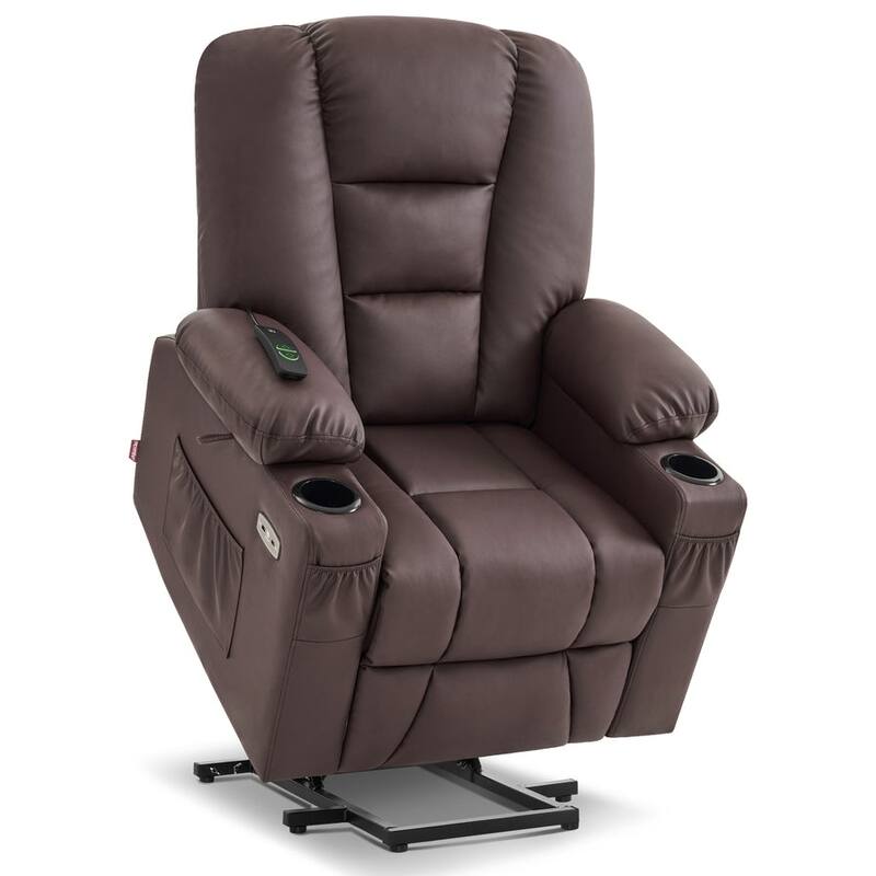 MCombo Small Power Lift Recliner Chair with Massage and Heat for Short Elderly People, Faux Leather 7569 - Light Brown
