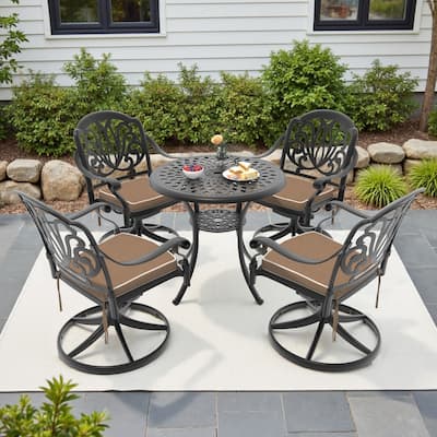 5-Piece Aluminum Round Outdoor Patio Dining Set, 4 Cushioned Swivel Chairs, Table, All-Weather Frames